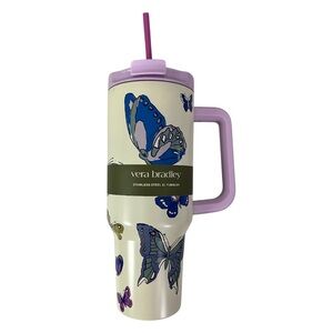 NWT Vera Bradley Double Wall Butterfly XL 40 oz Tumbler with Handle Cream Blue